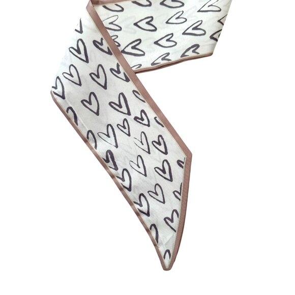 Slim Scarf Heart Print 34in White Brown Sketched Hearts Cute Style Neutral No68 - Picture 4 of 9